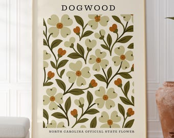 North Carolina State Flower Digital Download | Dogwood Botanical Wall Decor | Mid Century Modern Floral |  Housewarming Gift