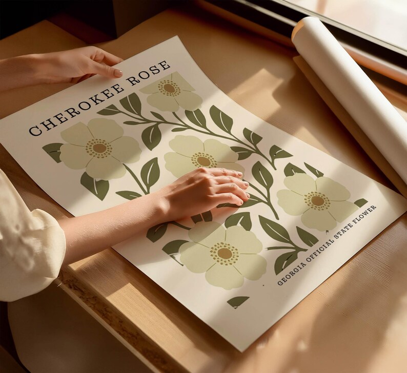 Georgia State Flower Art Print | Cherokee Rose Botanical Wall Decor | Mid Century Modern Floral | Housewarming Gift image 5