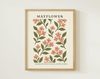 Lámina artística de la flor estatal de Massachusetts / Decoración botánica de pared Mayflower / Diseño floral moderno de mediados de siglo / Regalo de inauguración de casa