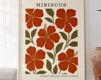 Hawaii State Flower Art Print | Yellow Hibiscus Botanical Wall Decor | Mid Century Modern Floral |  Housewarming Gift