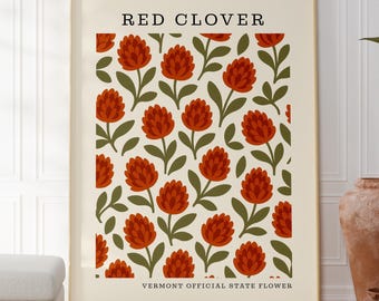 Vermont State Flower Art Print | Red Clover Botanical Wall Decor | Mid Century Modern Floral |  Housewarming Gift
