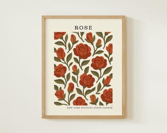 New York State Flower Digital Download | Rose Botanical Wall Decor | Mid Century Modern Floral |  Housewarming Gift