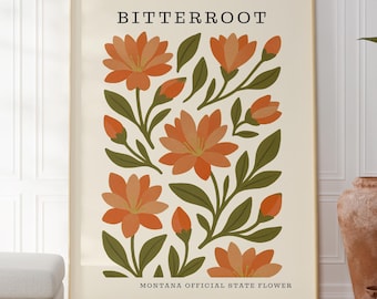Montana State Flower Art Print | Bitterroot Botanical Wall Decor | Mid Century Modern Floral |  Housewarming Gift
