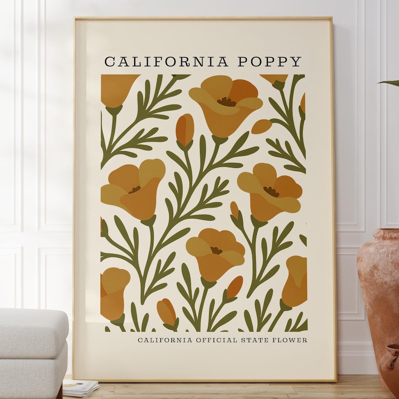 California Poppy Art Print | Mid Century Modern Botanical Wall Decor image 3