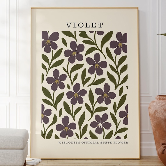 Wisconsin State Flower Art Print | Violet Botanical Wall Decor | Mid Century Modern Floral |  Housewarming Gift