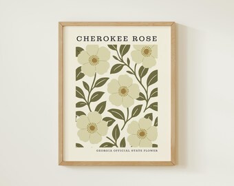 Lámina artística de la flor estatal de Georgia / Decoración botánica de pared con rosa Cherokee / Diseño floral moderno de mediados de siglo / Regalo de inauguración de casa