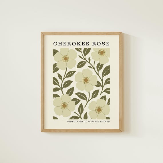 Georgia State Flower Art Print | Cherokee Rose Botanical Wall Decor | Mid Century Modern Floral |  Housewarming Gift