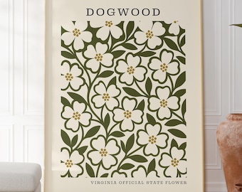 Virginia State Flower Digital Download | Dogwood Botanical Wall Decor | Mid Century Modern Floral |  Housewarming Gift