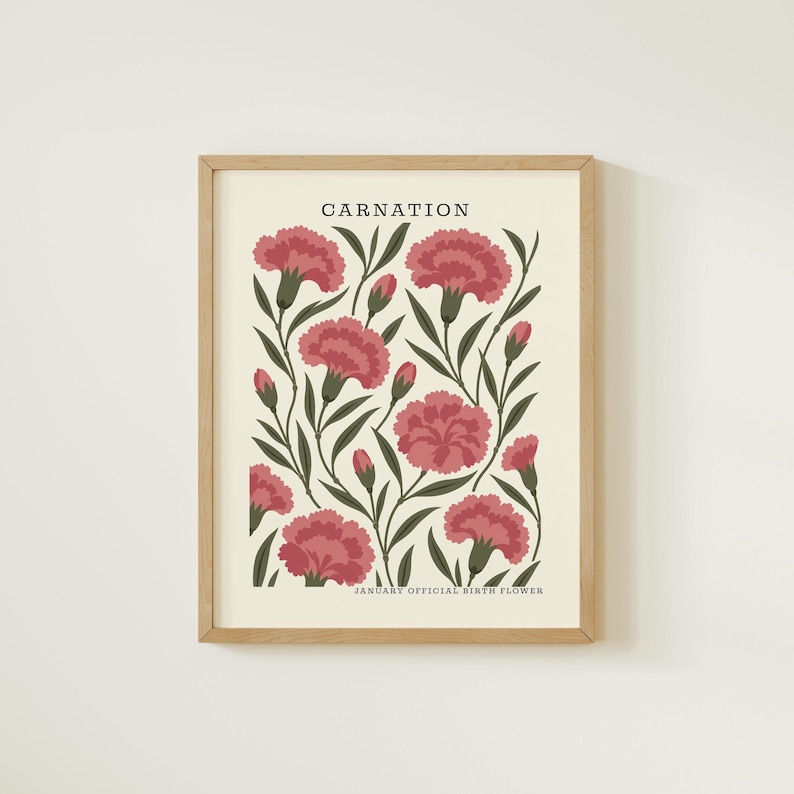 Carnation Printable, January Birth Flower Wall Art, Botanical Pattern ...