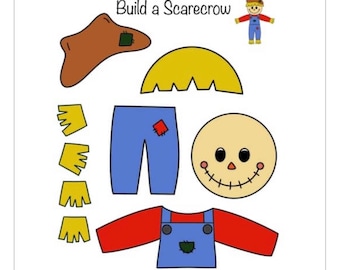 May include: A printable craft activity for kids to build a scarecrow. The printable includes a brown hat, yellow hair, a blue shirt, red overalls, blue pants, and a tan face with a stitched smile.