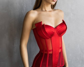 Red Satin Corset Dress, Plus Size Renaissance Lingerie