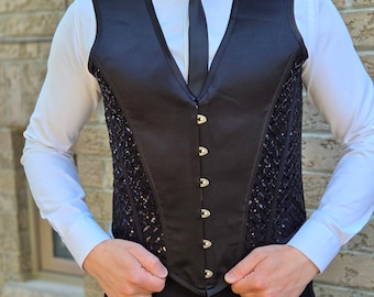 Mens Steampunk Corset Vest, Black Waistcoat, Handmade Edwardian Style