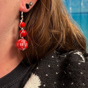 Christmas earrings wrapped in silver wire. Red winter beads. Festive earrings image 4