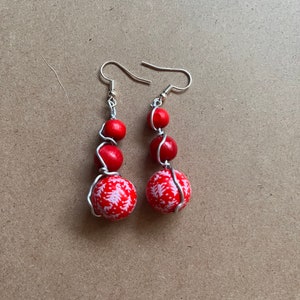 Christmas earrings wrapped in silver wire. Red winter beads. Festive earrings image 2