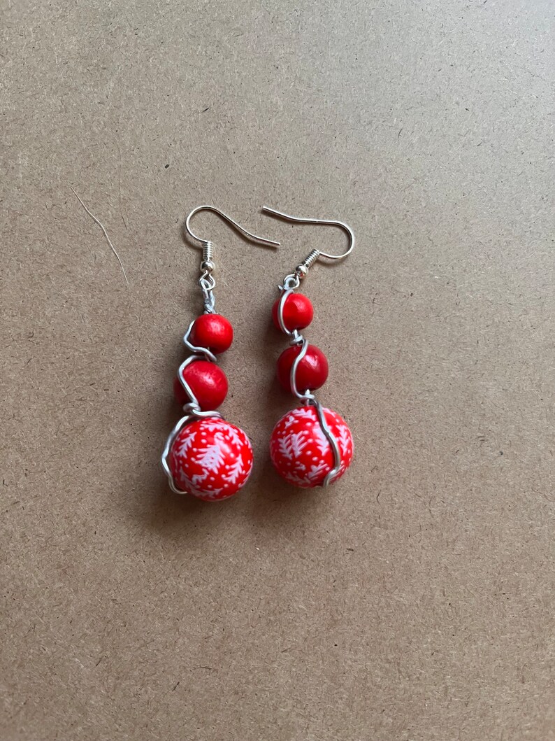 Christmas earrings wrapped in silver wire. Red winter beads. Festive earrings image 2