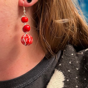 Christmas earrings wrapped in silver wire. Red winter beads. Festive earrings image 1