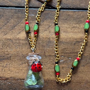 May include: A gold chain necklace featuring green, red, and black beads. A small glass bottle pendant, filled with green stones, is adorned with a red ladybird charm. The necklace is presented on a wooden surface.
