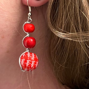 Christmas earrings wrapped in silver wire. Red winter beads. Festive earrings image 3