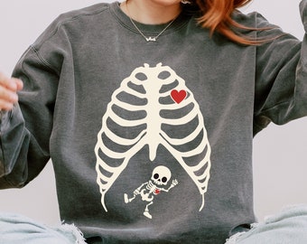 Skeleton Pregnancy Announcement Sweatshirt, Funny Halloween Maternity Shirt