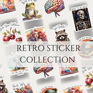 Funny Retro Sticker Set Frog Sticker Raccoon Street Cat Trash Panda Brain Sticker Cherry Mermaid Goth Skeleton Vintage Record Chemistry