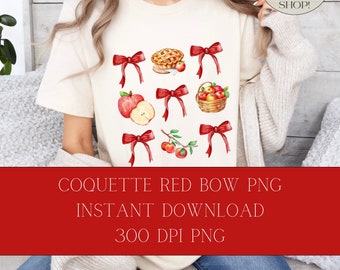 Coquette Apple & Red Bows PNG, Fall Collage (Digital Download)