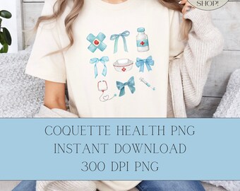 Coquette Nurse Blue Bows Collage PNG, Health Graphics (Digital Download)
