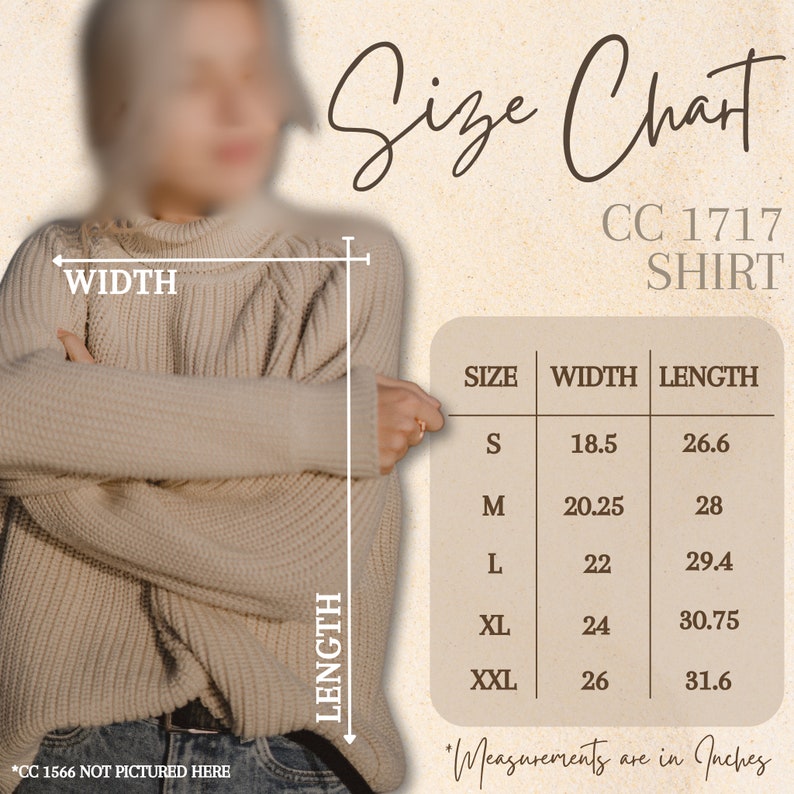 May include: Size chart for a shirt with measurements in inches for sizes S, M, L, XL, and XXL. The chart shows the width and length of each size.