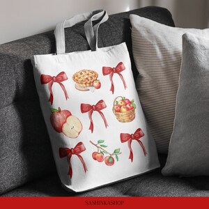 May include: White tote bag with red bows, apples, and an apple pie. The bag has the text "SASHINKASHOP" printed on the bottom.
