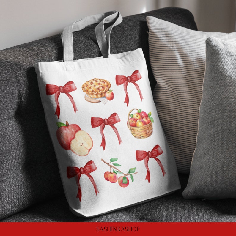 May include: White tote bag with red bows, apples, and an apple pie. The bag has the text "SASHINKASHOP" printed on the bottom.