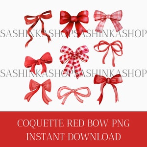 May include: A set of eight red watercolor bows, including a gingham bow, for digital download.  Coquette Red Bow PNG Instant Download.