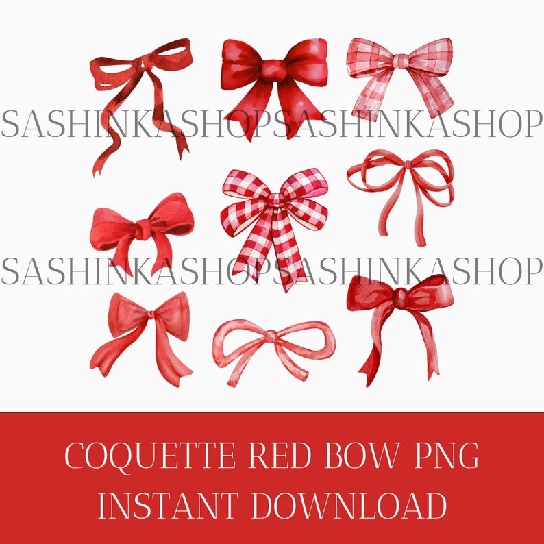 May include: A set of eight red watercolor bows, including a gingham bow, for digital download.  Coquette Red Bow PNG Instant Download.