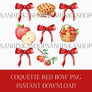 May include: A set of red bows with a variety of fall-themed images, including apples, a pie, and a basket of apples. The images are perfect for crafting and scrapbooking.