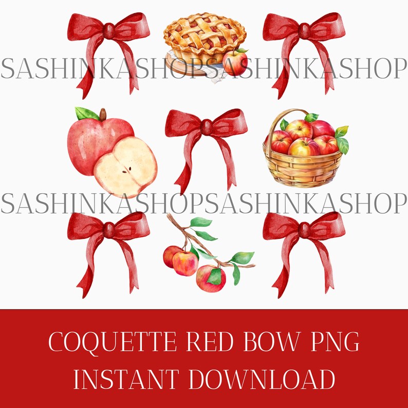 May include: A set of red bows with a variety of fall-themed images, including apples, a pie, and a basket of apples. The images are perfect for crafting and scrapbooking.