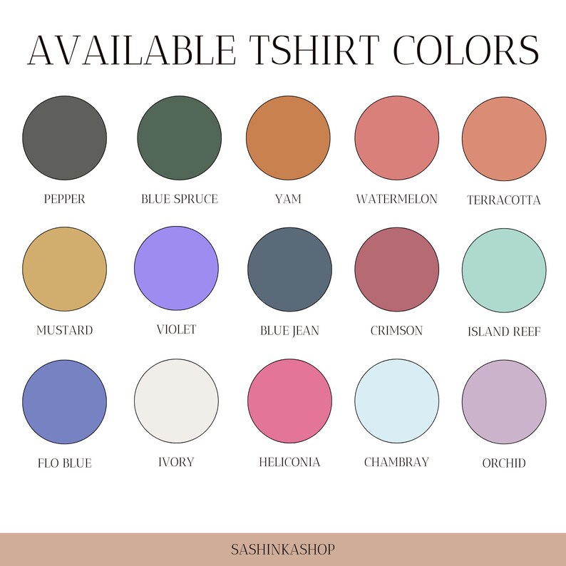 May include: A chart of 15 different t-shirt colors, with the color names listed below each color swatch. The colors include Pepper, Blue Spruce, Yam, Watermelon, Terracotta, Mustard, Violet, Blue Jean, Crimson, Island Reef, Flo Blue, Ivory, Heliconia, Chambray, and Orchid.