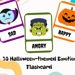Tarjetas didácticas sobre emociones con temática de Halloween / Juego de 10 tarjetas de aprendizaje imprimibles para niños