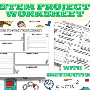 以下が含まれることがあります： 問題、仮説、材料、手順、観察、結論のセクションを含む、白黒の印刷可能なSTEMプロジェクトワークシート。ワークシートのタイトルは「STEMプロジェクトワークシート」で、疑問符のアイコンと顕微鏡のアイコンが含まれています。
