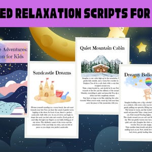 May include: Four colorful cards with illustrations and text. The cards are titled "Sleepytime Adventures: Relaxation for Kids", "Sandcastle Dreams", "Quiet Mountain Cabin", and "Dreamy Balloon Ride".