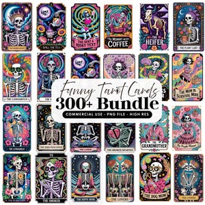 Paquete de más de 300 divertidas cartas de tarot PNG: sublimación de esqueletos sarcásticos y brujas sarcásticas, arte de tarot con humor negro para adultos