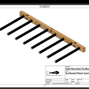 May include: A wall-mounted surfboard rack with six black metal surfboard holders attached to a wooden beam. The rack is shown in an isometric view.