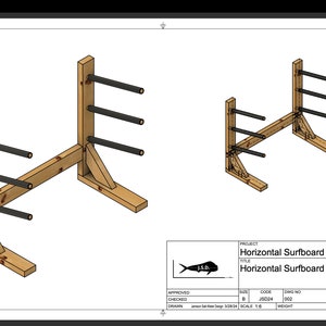 May include: A wooden surfboard rack with three horizontal bars for holding surfboards. The rack is made of natural wood and has a rustic look. The rack is shown in two different views, one from the side and one from the front. The drawing is labelled "Horizontal Surfboard Rack".