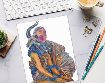 May include: A detailed art print featuring a surreal figure with a puzzle-like face, a ram's horn, and intricate textures in shades of purple, blue, and brown. The artwork is on a white background, surrounded by office supplies.