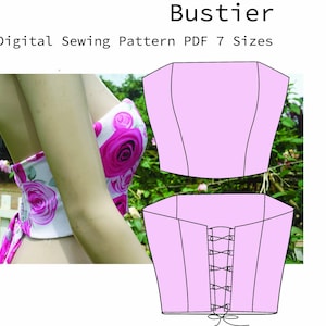 Puede incluir: Patrón de costura digital para un bustier. La imagen muestra un diseño de bustier rosa con una parte delantera con cordones y una vista superior separada. El bustier también se muestra usado, con un estampado floral blanco y rosa.