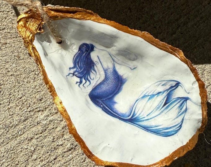 Handmade Mermaid / Whale Oyster Shell sealed with gloss varnish, drilled, and hung with organic twine.