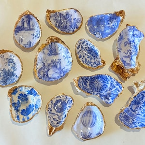 Best seller Coastal Chinoiserie Oyster Shell Trinket Dish – Hand Painted Blue & White Shell Jewelry Holder