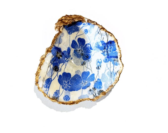 Blue Floral Oyster Shell Trinket Dish: Beach Wedding Decor