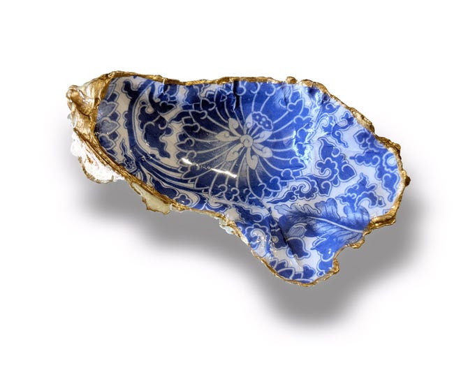 Decoupage Oyster Trinket Dish: Blue Toile Coastal Decor