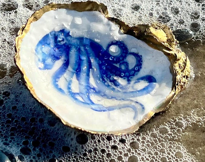 Octopus, Seahorse, and Bunny Oyster Ring Trinket Dish - Oyster Jewelry Tray for Coastal Decor handcrafted oyster art, beach christmas gift