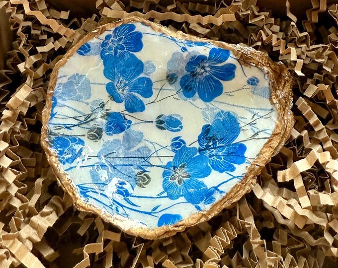 Blue Flower Oyster Shell – Something Blue Wedding Gift | Handcrafted Beach Trinket Dish