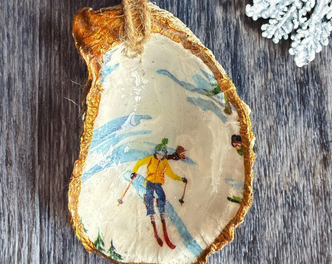 Christmas oyster ornament, Christmas gift, Christmas oyster shell, snowflake ornament, skiing