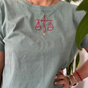 Hand Made Libra crop top Embroidered Sage Green Cute Libra sign Crop Top Unique woman t-shirt Handmade Embroidery zodiac gift tee present